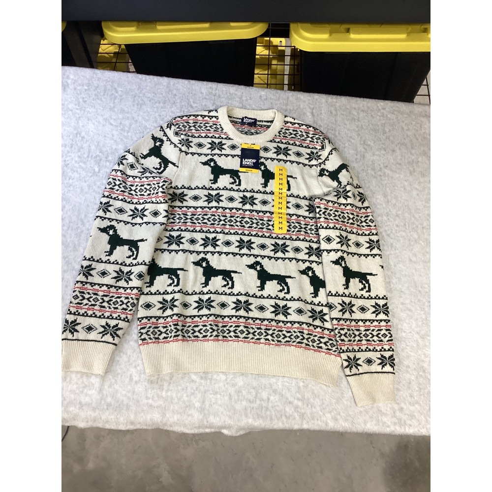 Lands End Mens Fair Isle Sweater Black Dog Holiday Cream Green Red Medium